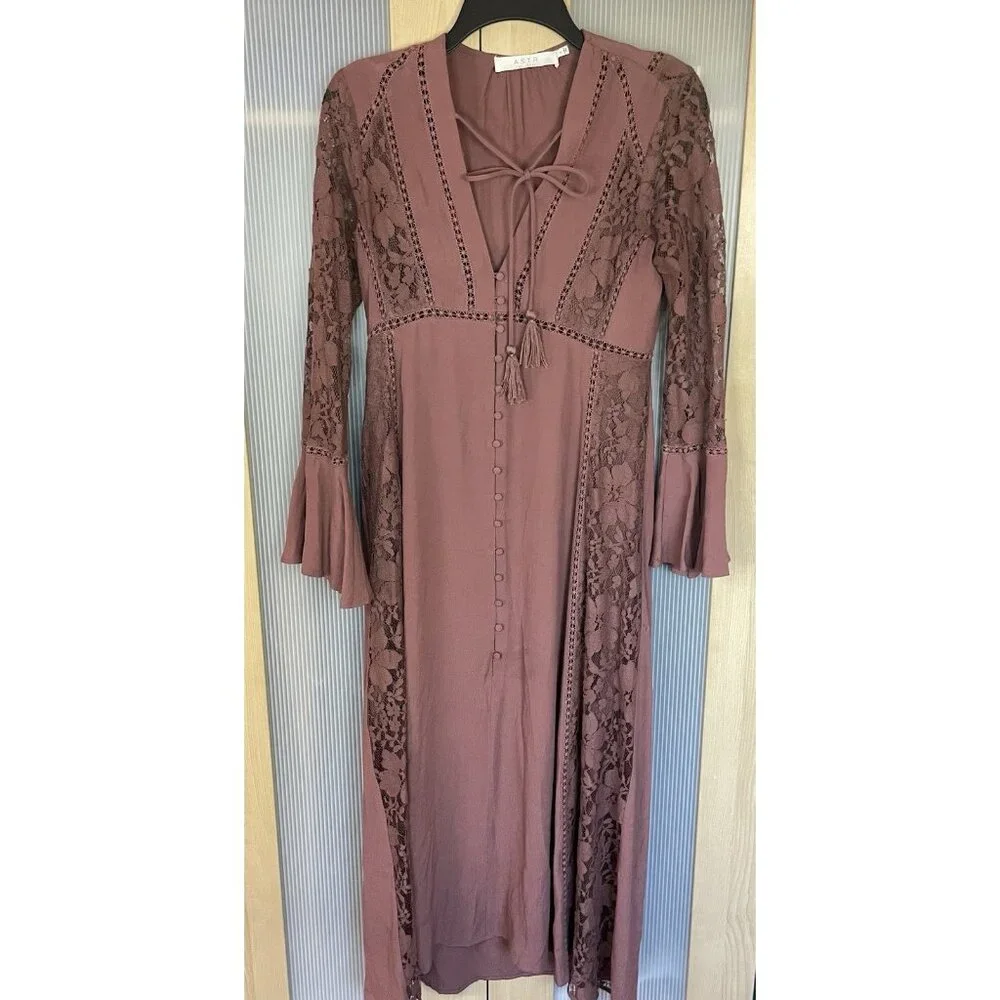 ASTR The Label Copper Ditsy Long Sleeve Midi Dress Sz S Lace Whimsy Boho Ruffles